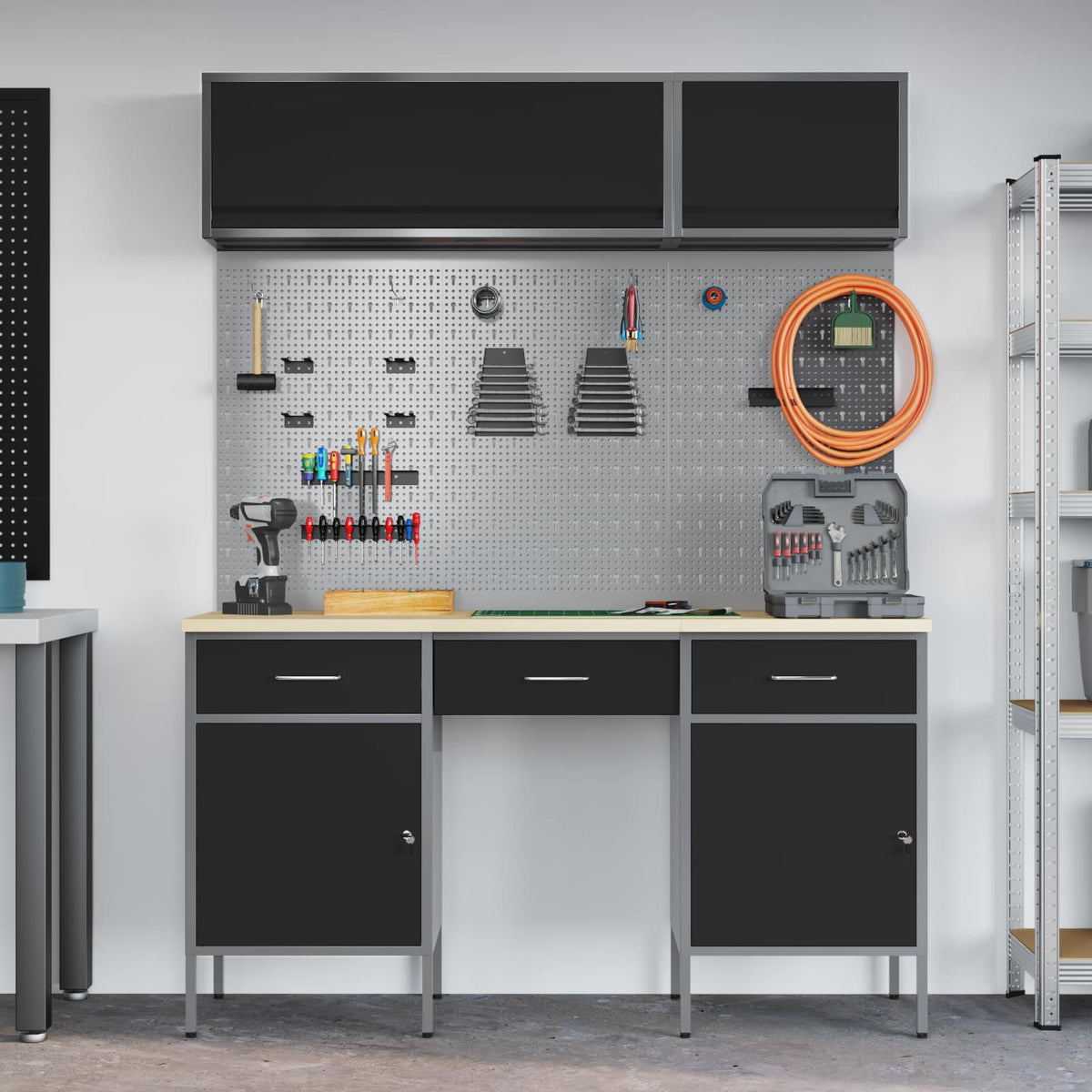 vidaXL Work Cabinet Set with Drawer with Shelf Manual 8 pcs Black 4
