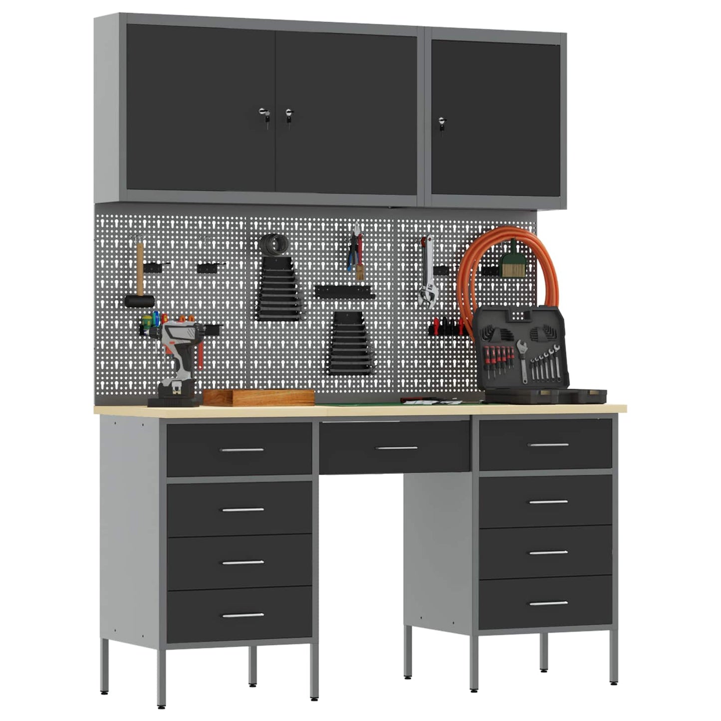 vidaXL Work Cabinet with Drawer 8 pcs Black Engineered Wood and Steel 3