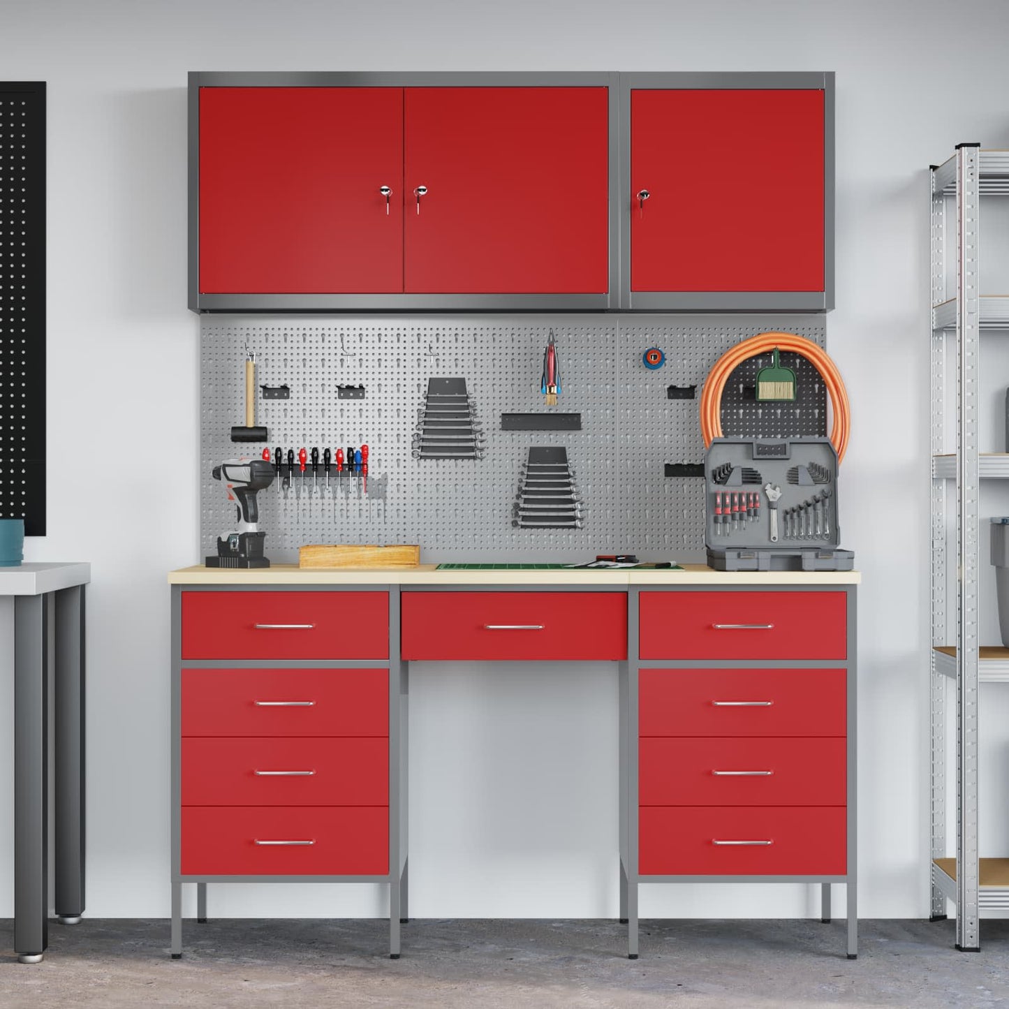 vidaXL Work Cabinet with Drawer 8 pcs Red Engineered Wood and Steel 4