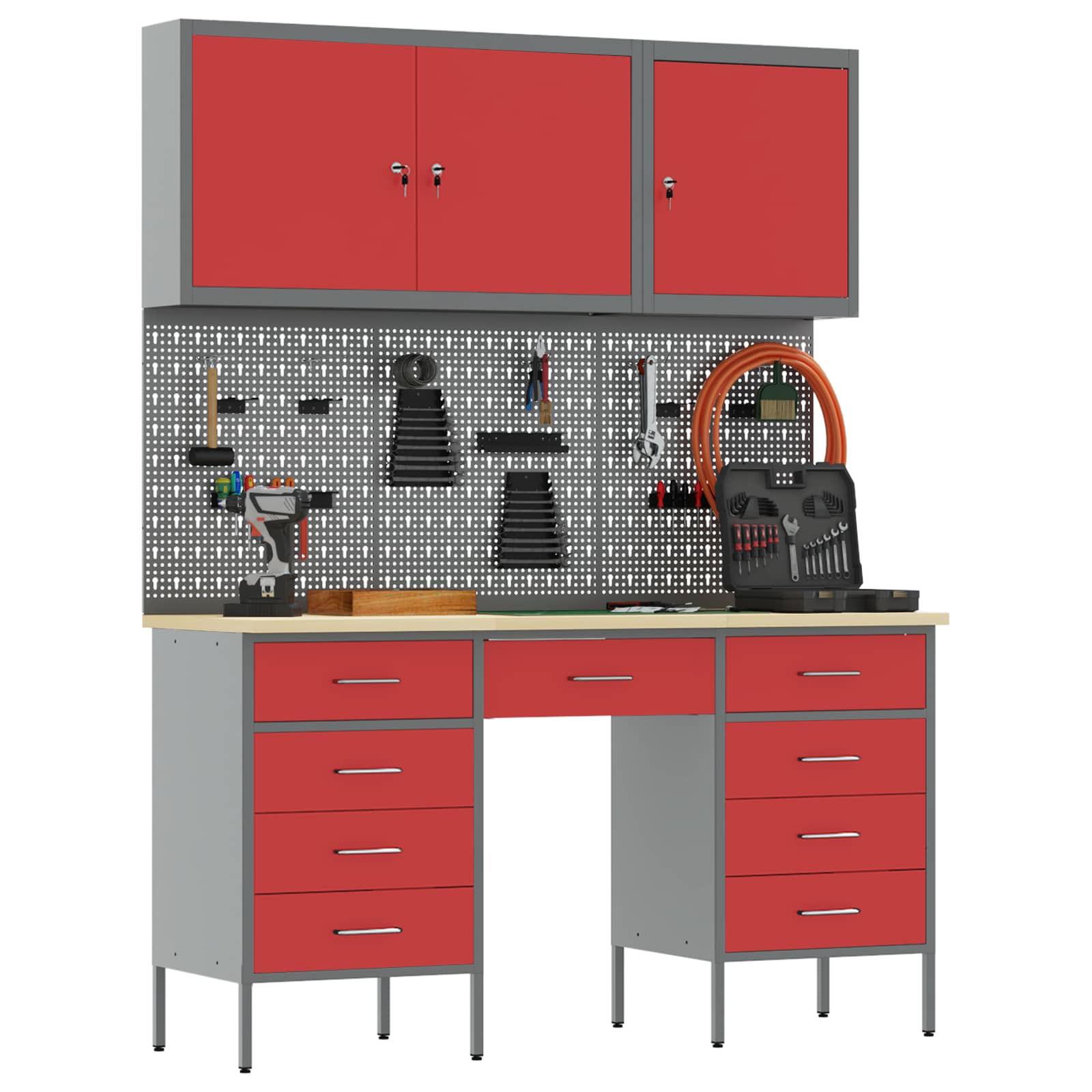 vidaXL Work Cabinet with Drawer 8 pcs Red Engineered Wood and Steel 3