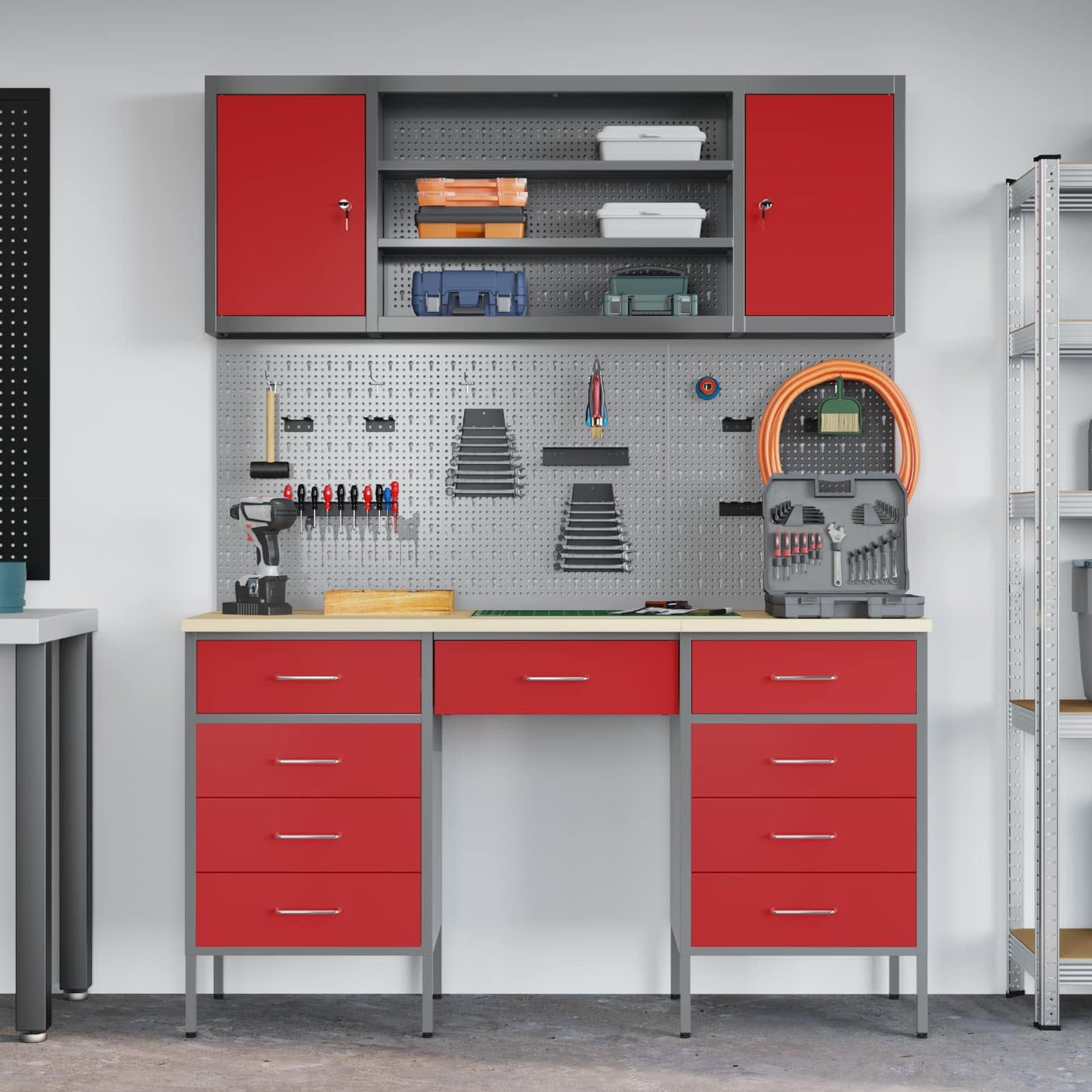 vidaXL Work Cabinet with Drawer 8 pcs Red Engineered Wood and Steel 4