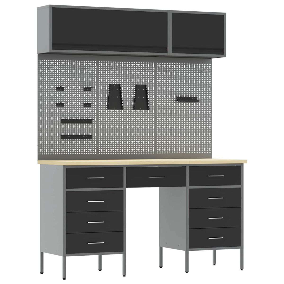 Work Cabinet Set 8 pcs Steel and Engineered Wood Black 150 cm workbench (9 drawers)