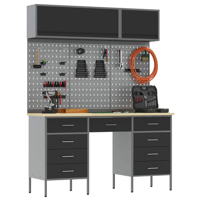 Work Cabinet Set 8 pcs Steel and Engineered Wood Black 150 cm workbench (9 drawers)