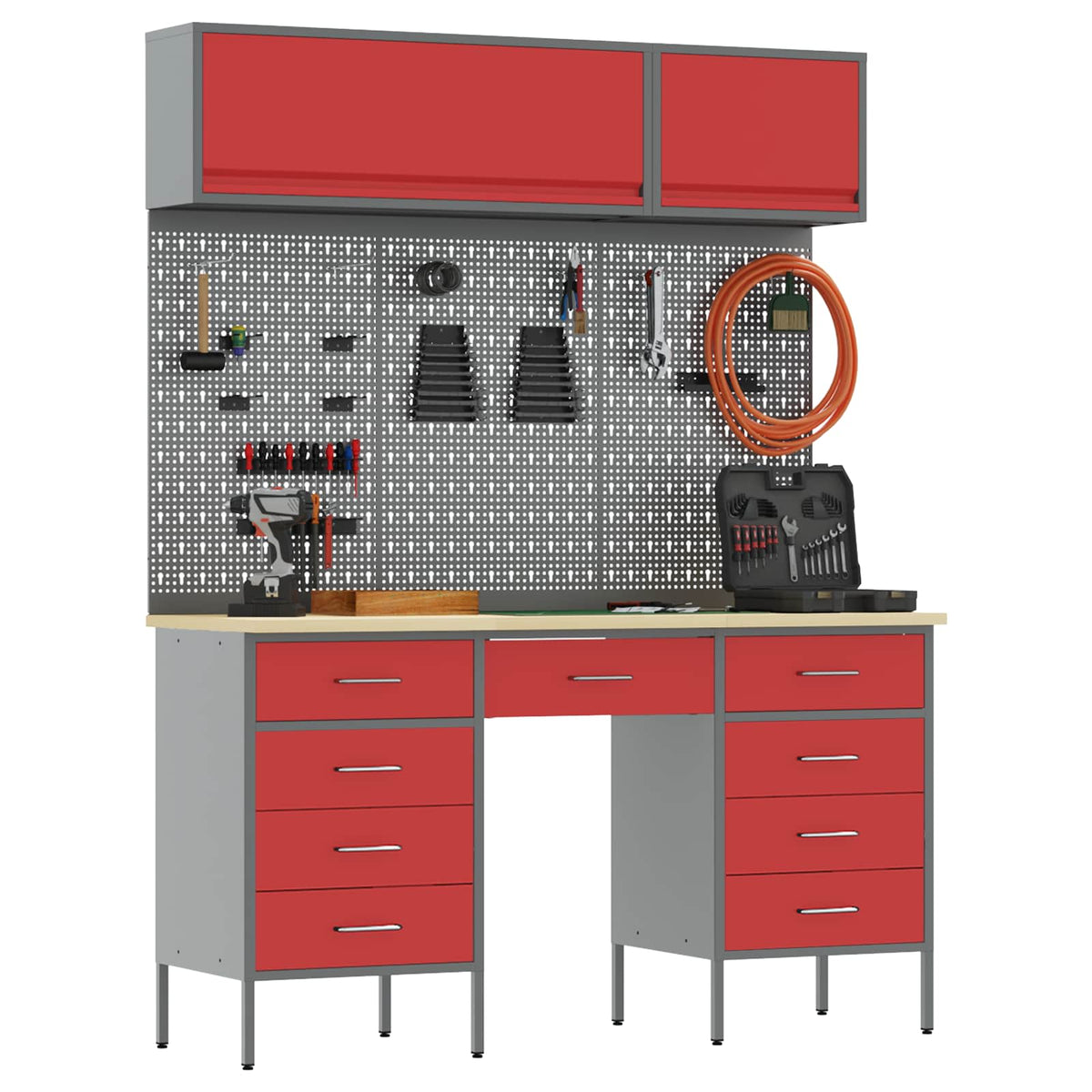 Work Cabinet Set 8 pcs Steel and Engineered Wood Red 150 cm workbench (9 drawers)