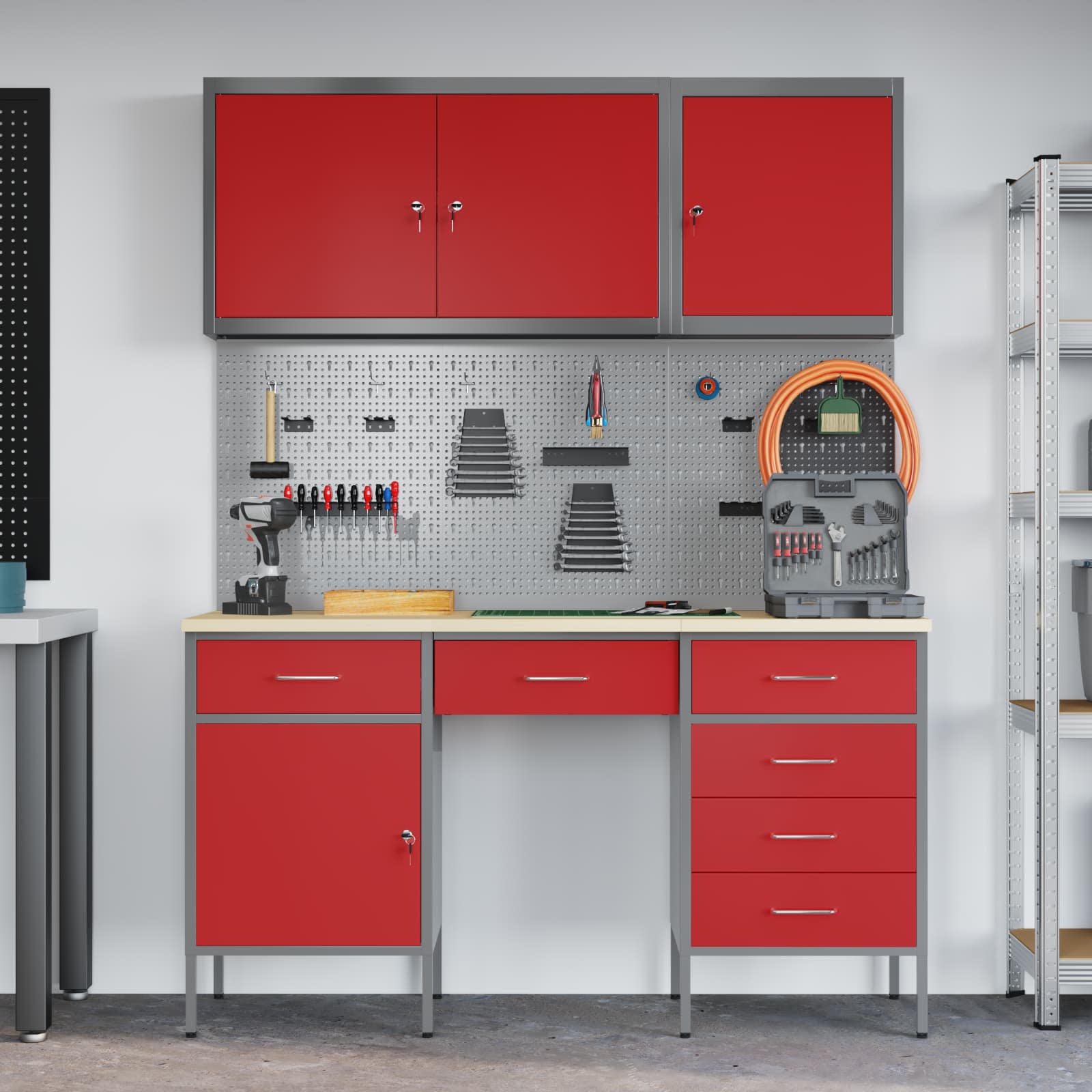vidaXL Work Cabinet with Drawer 8 pcs Red Engineered Wood and Steel 4
