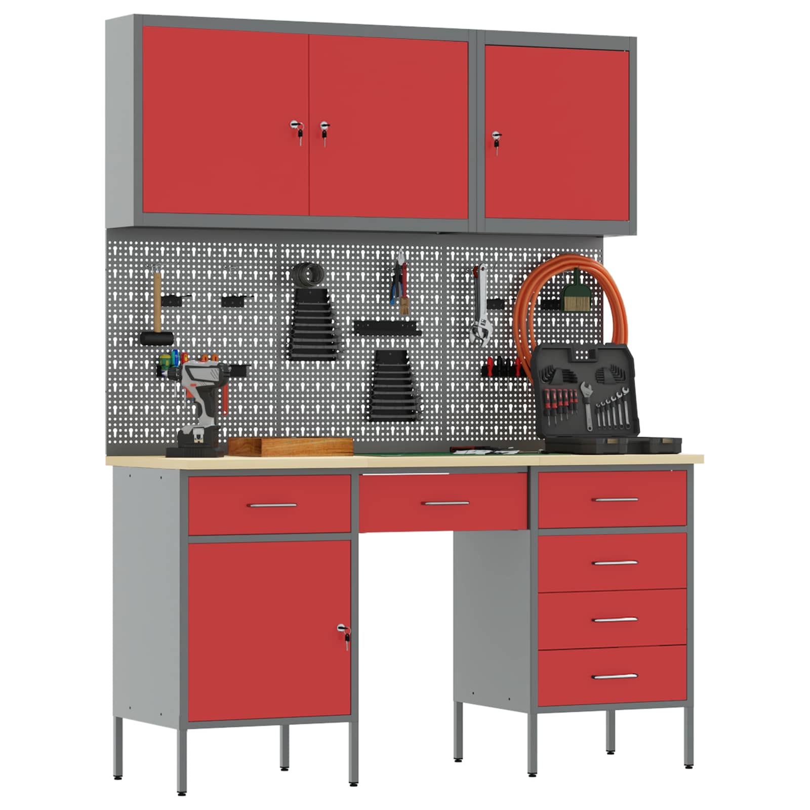 vidaXL Work Cabinet with Drawer 8 pcs Red Engineered Wood and Steel 3