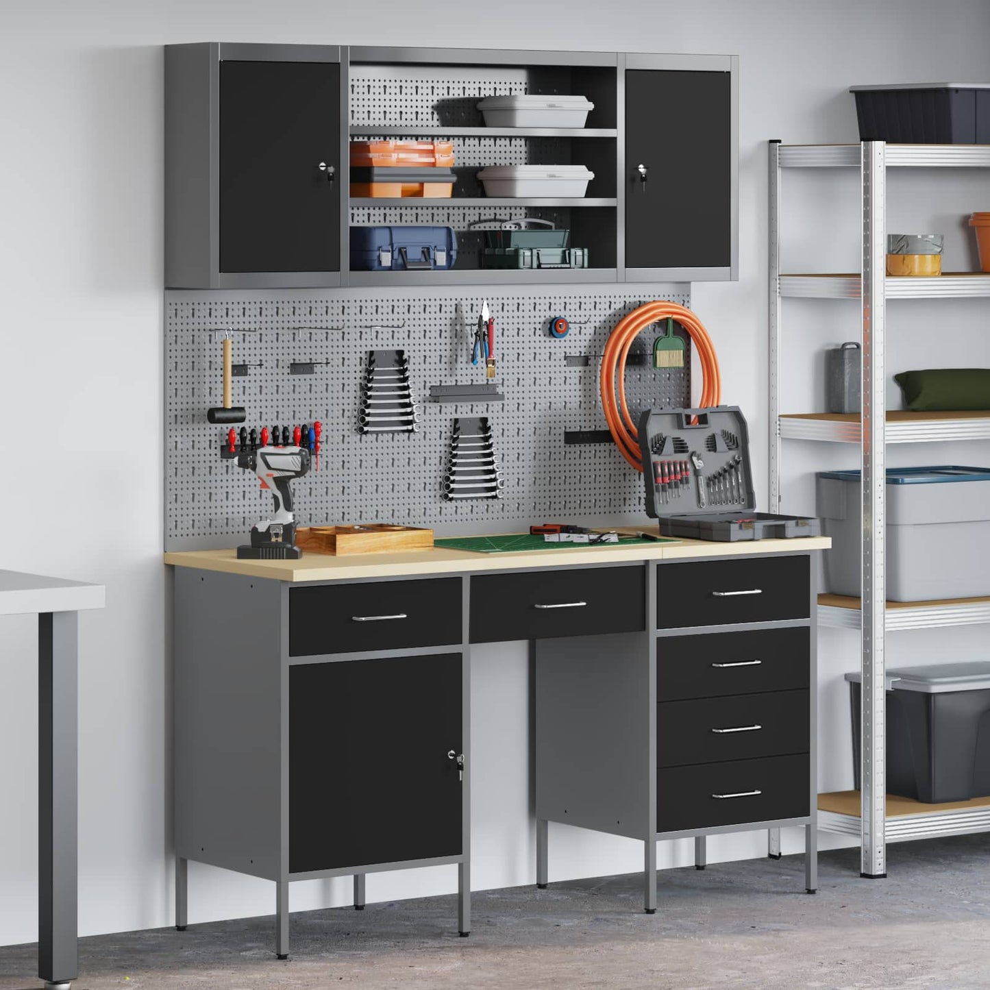 vidaXL Work Cabinet with Drawer 8 pcs Black Engineered Wood and Steel 1
