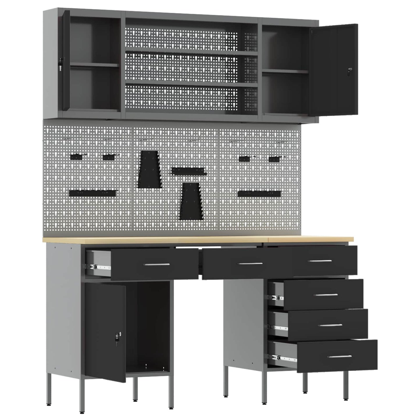 vidaXL Work Cabinet with Drawer 8 pcs Black Engineered Wood and Steel 5