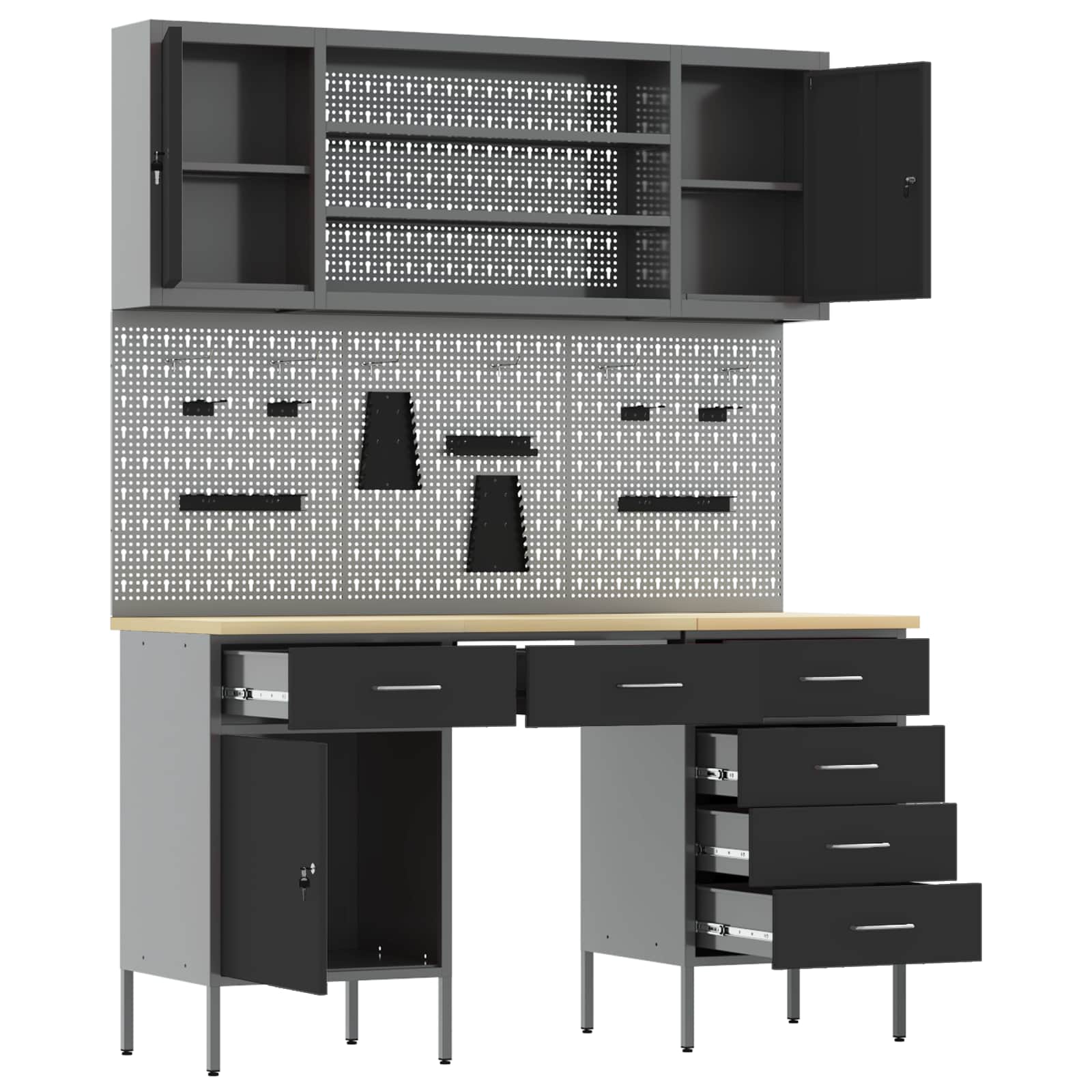 vidaXL Work Cabinet with Drawer 8 pcs Black Engineered Wood and Steel 5