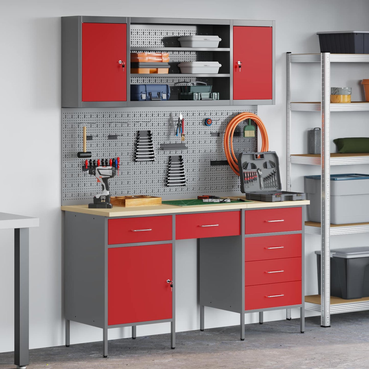 vidaXL Work Cabinet with Drawer 8 pcs Red Engineered Wood and Steel 1