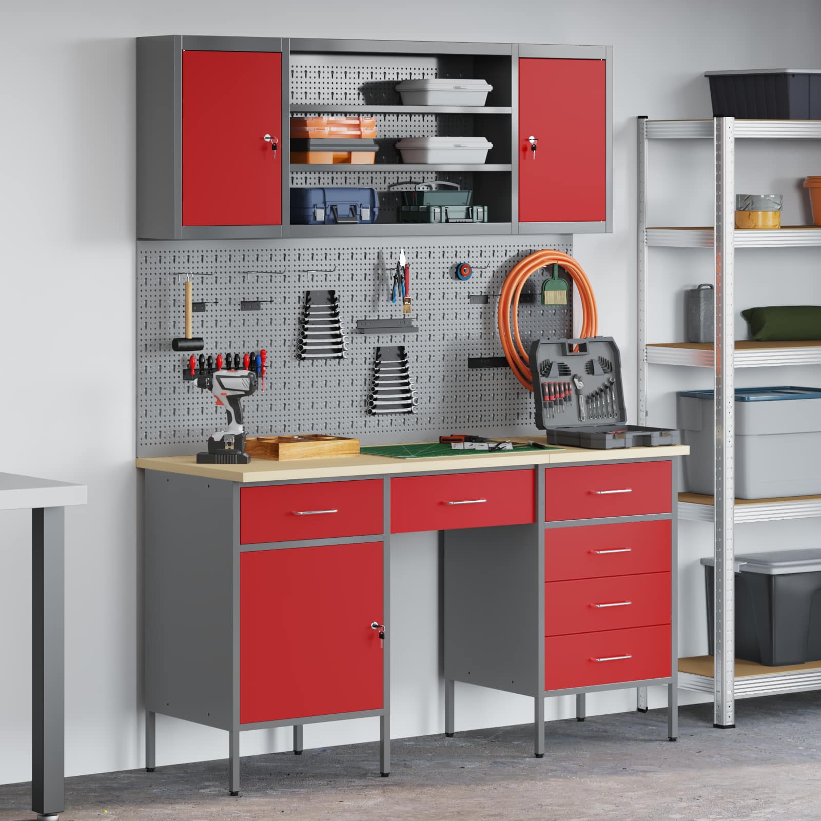 vidaXL Work Cabinet with Drawer 8 pcs Red Engineered Wood and Steel 1