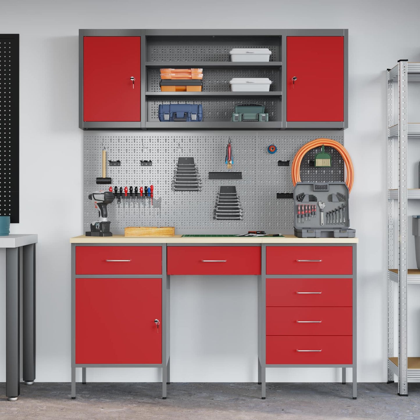 vidaXL Work Cabinet with Drawer 8 pcs Red Engineered Wood and Steel 4