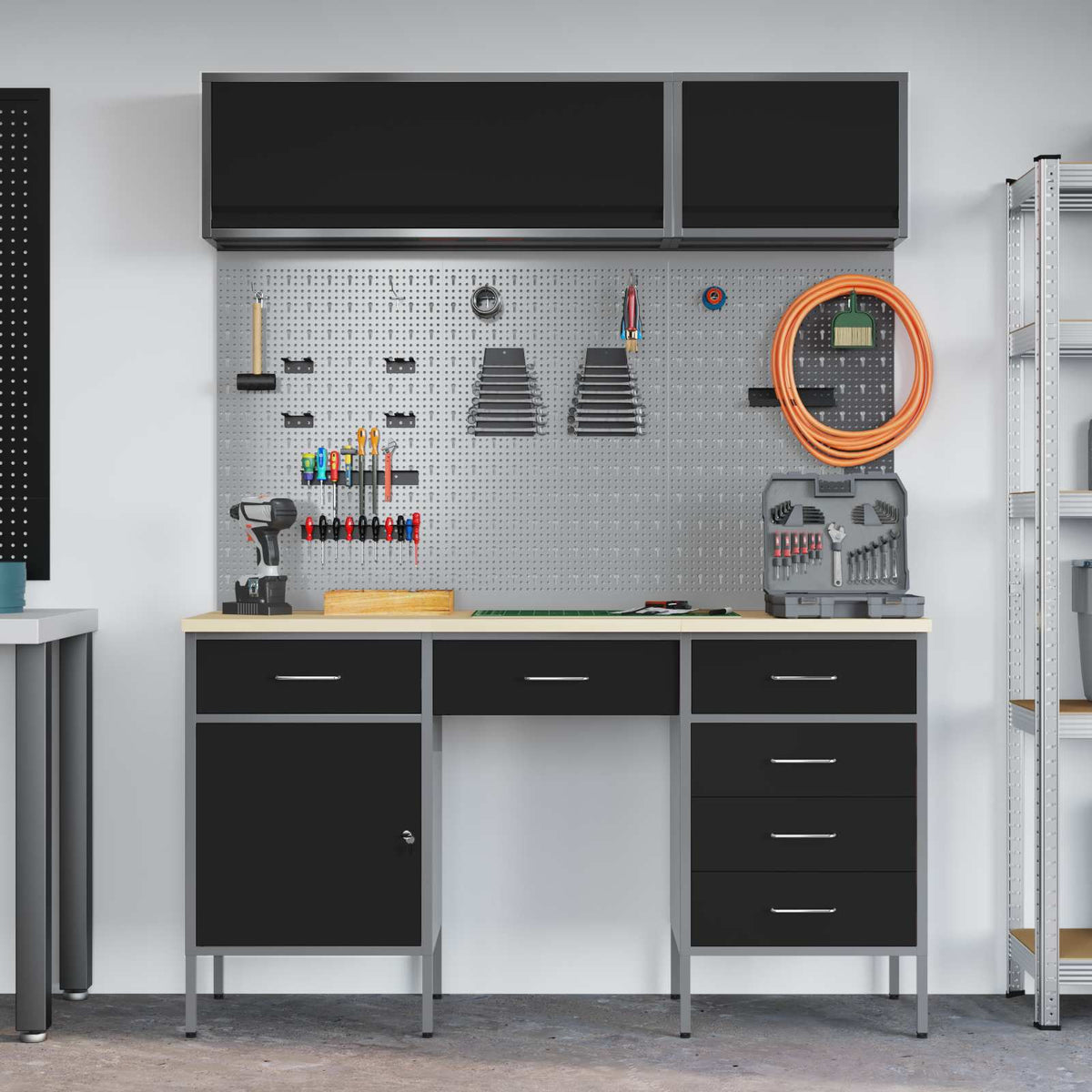 vidaXL Work Cabinet Set with Drawer with Storage Manual 8 pcs Black 4