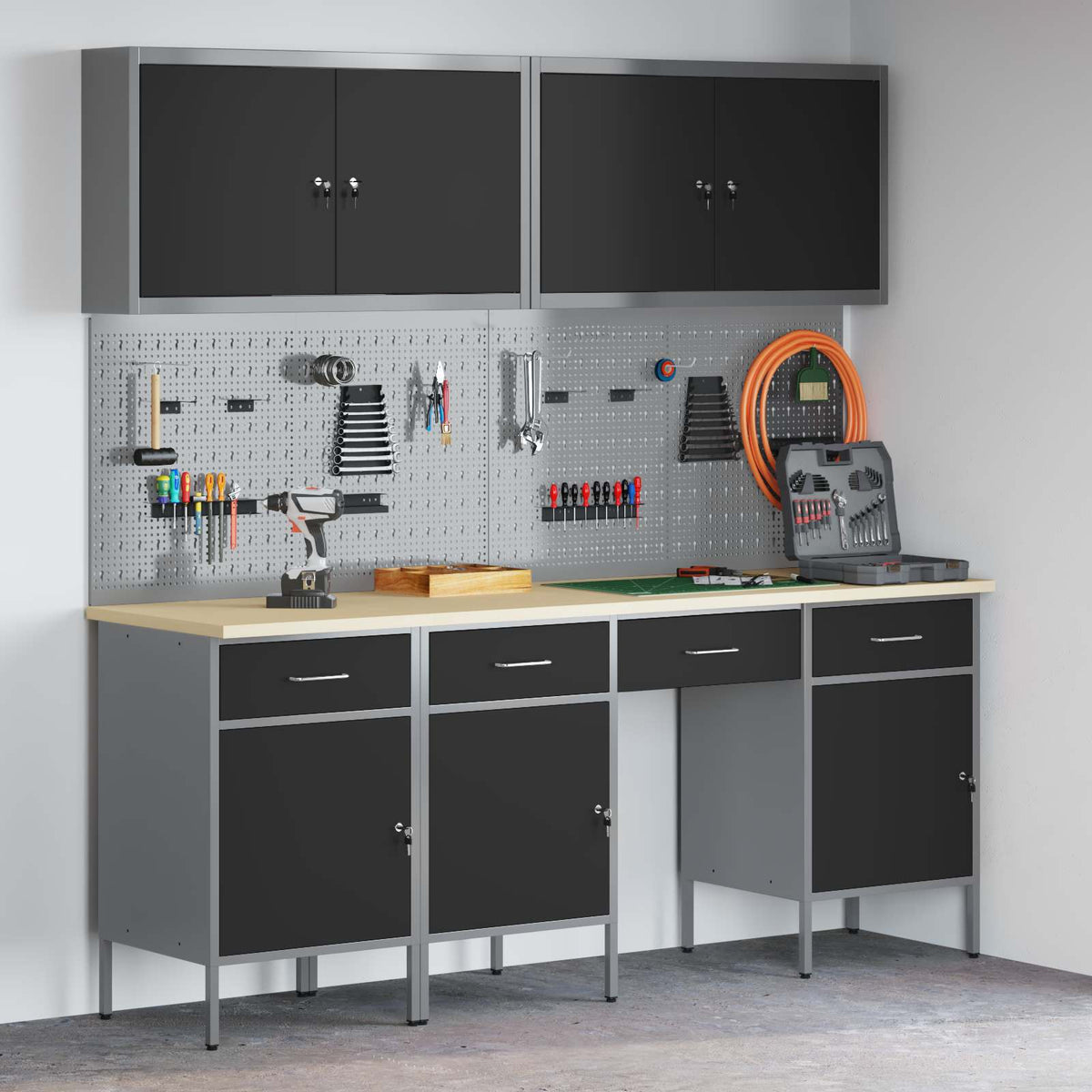 vidaXL Work Cabinet with Drawer 10 pcs Black Engineered Wood and Steel 1