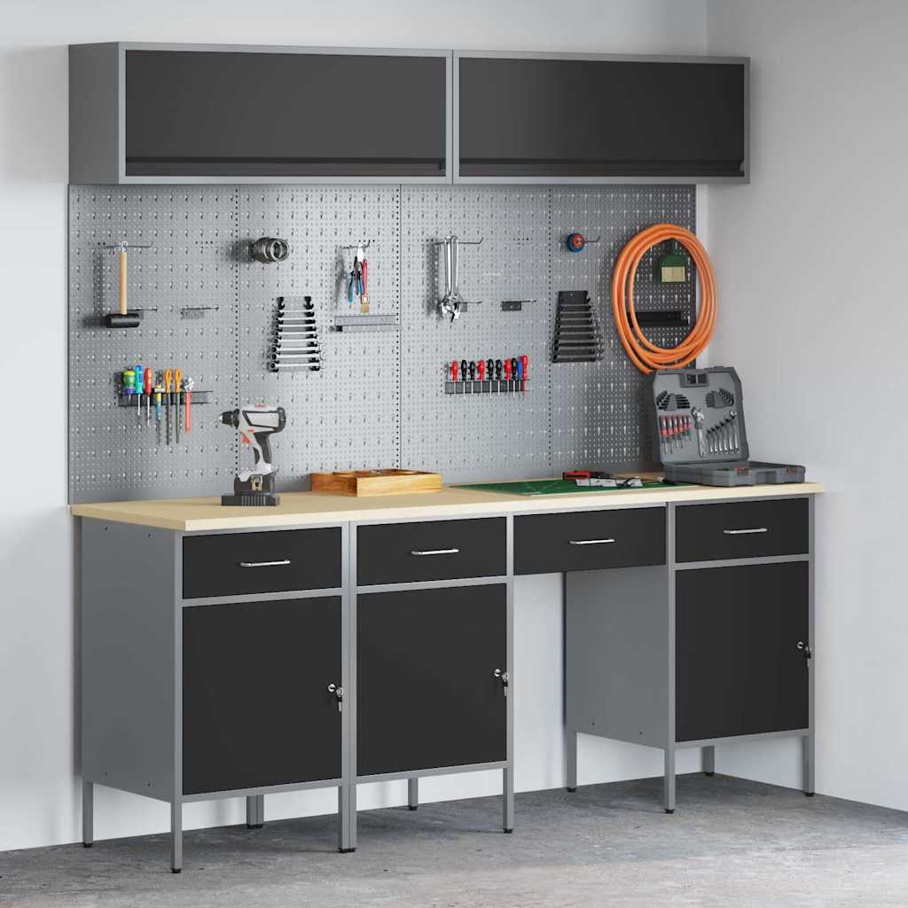 Work Cabinet Set 8 pcs Steel and Engineered Wood Black 200 cm workbench (4 drawers &3 doors)