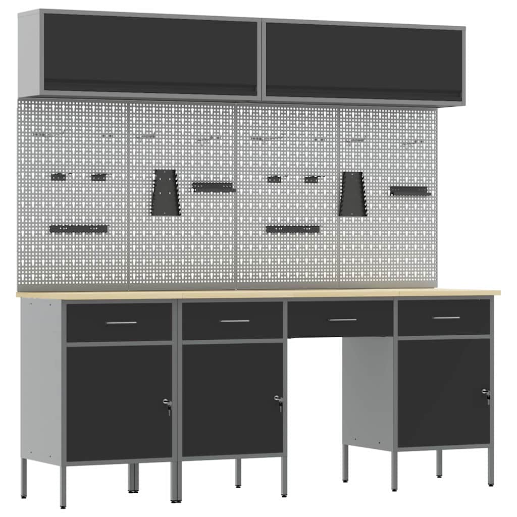 Work Cabinet Set 8 pcs Steel and Engineered Wood Black 200 cm workbench (4 drawers &3 doors)