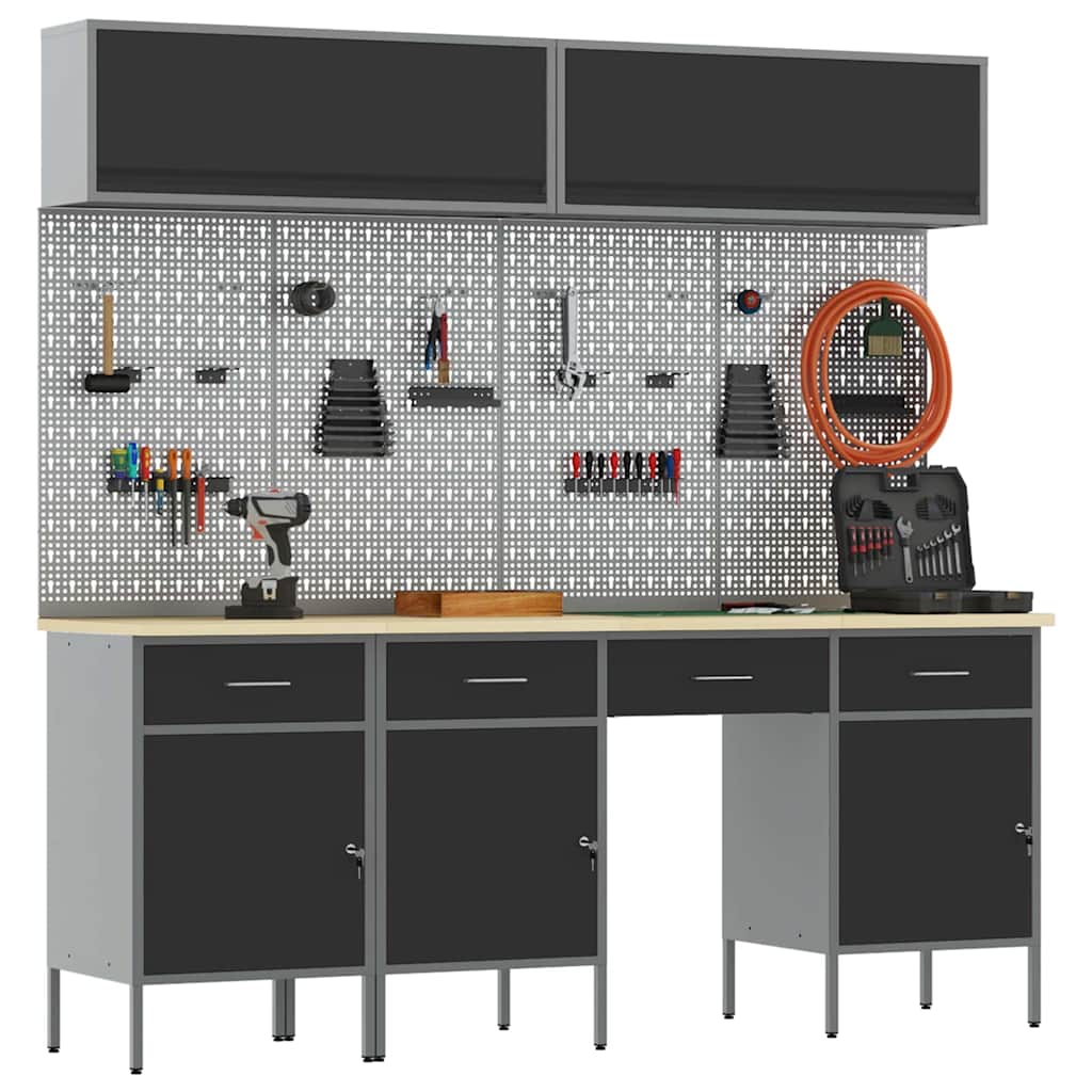 Work Cabinet Set 8 pcs Steel and Engineered Wood Black 200 cm workbench (4 drawers &3 doors)