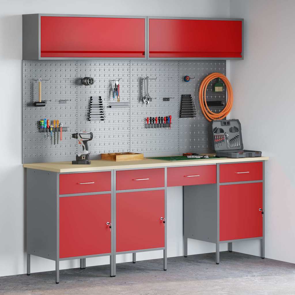 Work Cabinet Set 8 pcs Steel and Engineered Wood Red 200 cm workbench (4 drawers &3 doors)