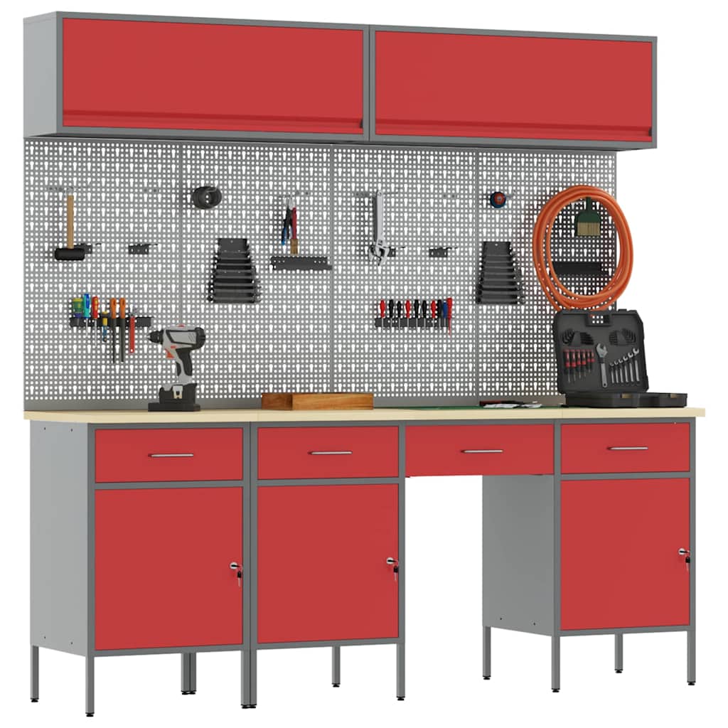 Work Cabinet Set 8 pcs Steel and Engineered Wood Red 200 cm workbench (4 drawers &3 doors)