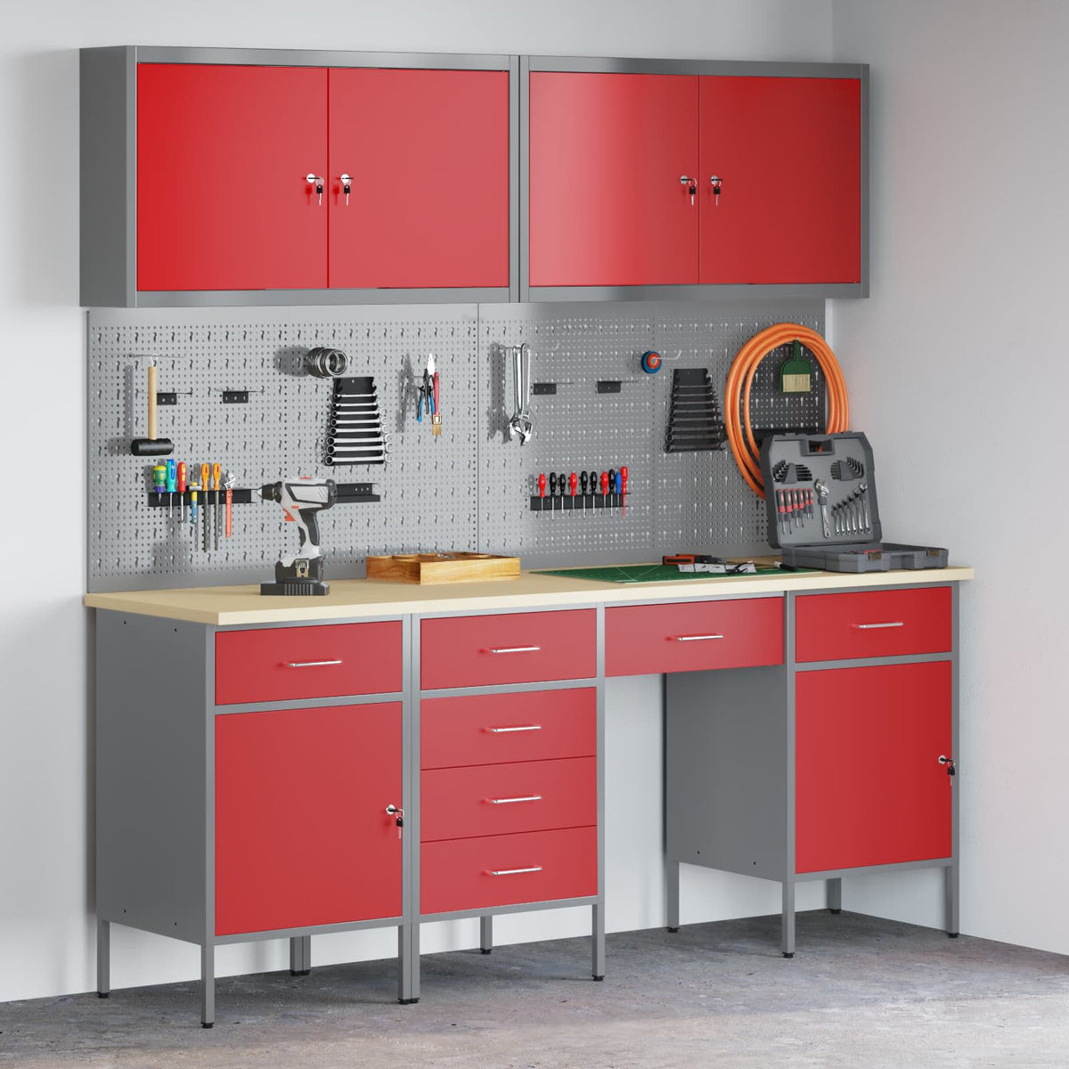 vidaXL Work Cabinet with Drawer 10 pcs Red Engineered Wood and Steel 1