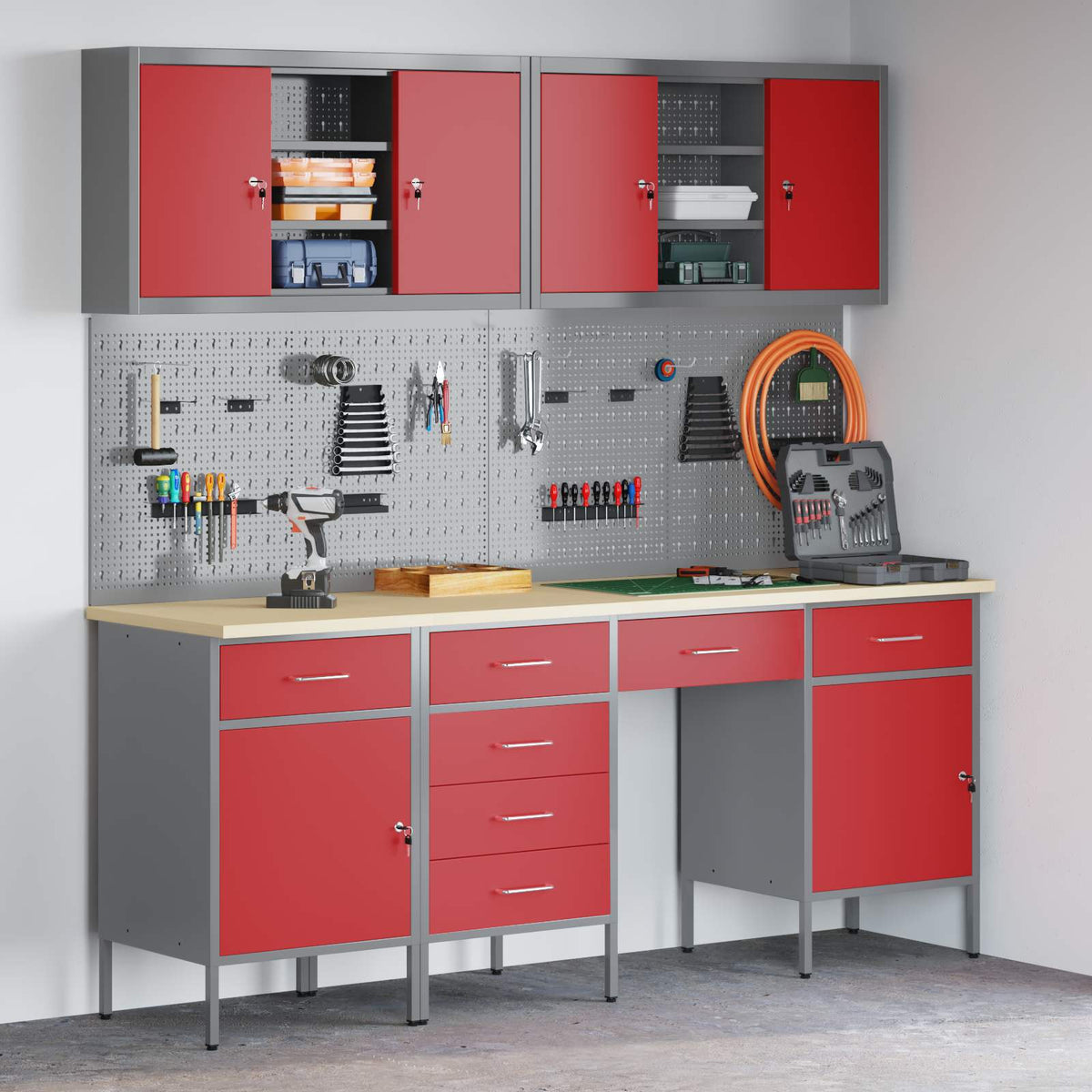 vidaXL Work Cabinet with Drawer 10 pcs Red Engineered Wood and Steel 1
