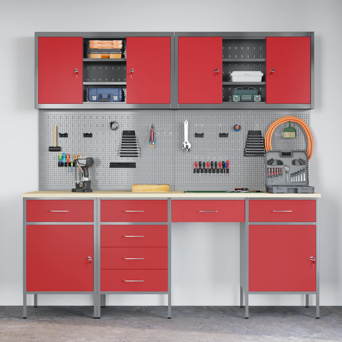 vidaXL Work Cabinet with Drawer 10 pcs Red Engineered Wood and Steel 4