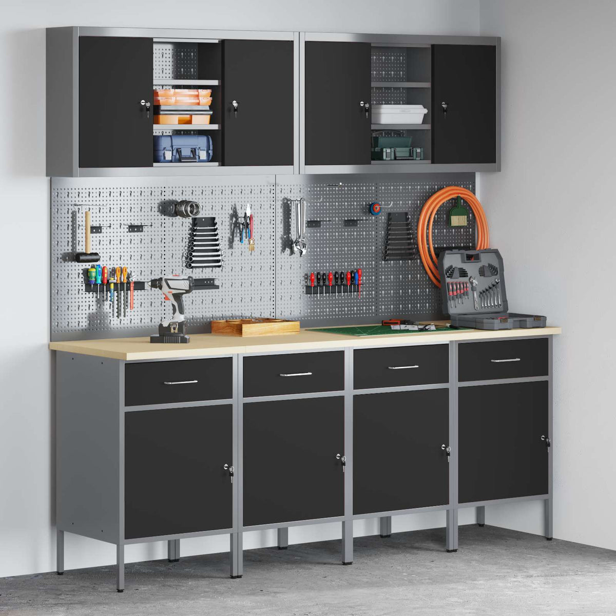vidaXL Work Cabinet with Drawer 10 pcs Black Engineered Wood and Steel 1