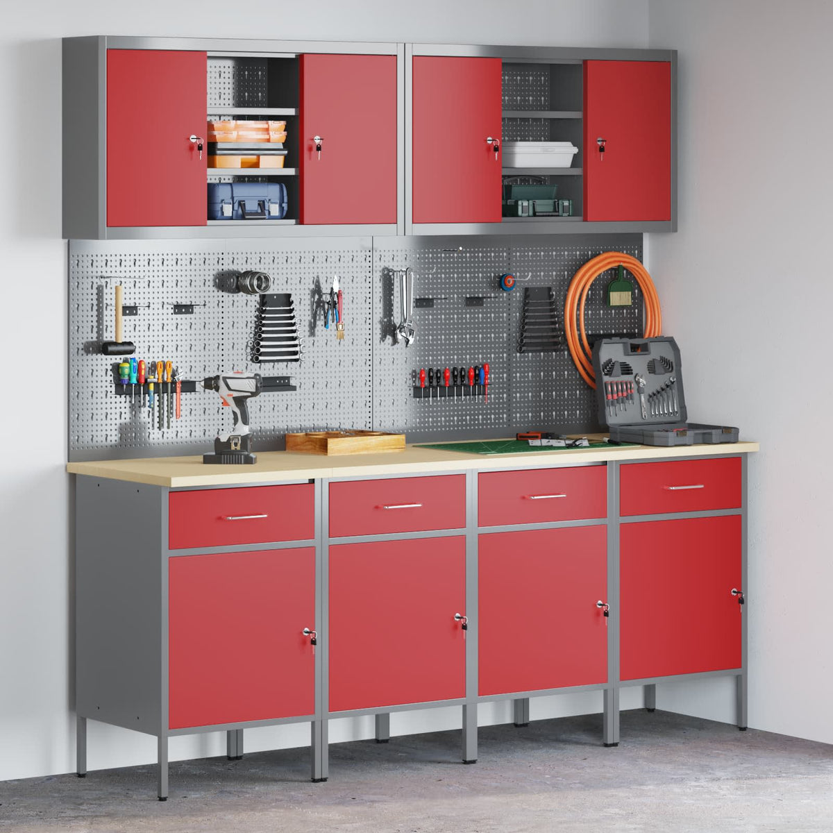 vidaXL Work Cabinet with Drawer 10 pcs Red Engineered Wood and Steel 1