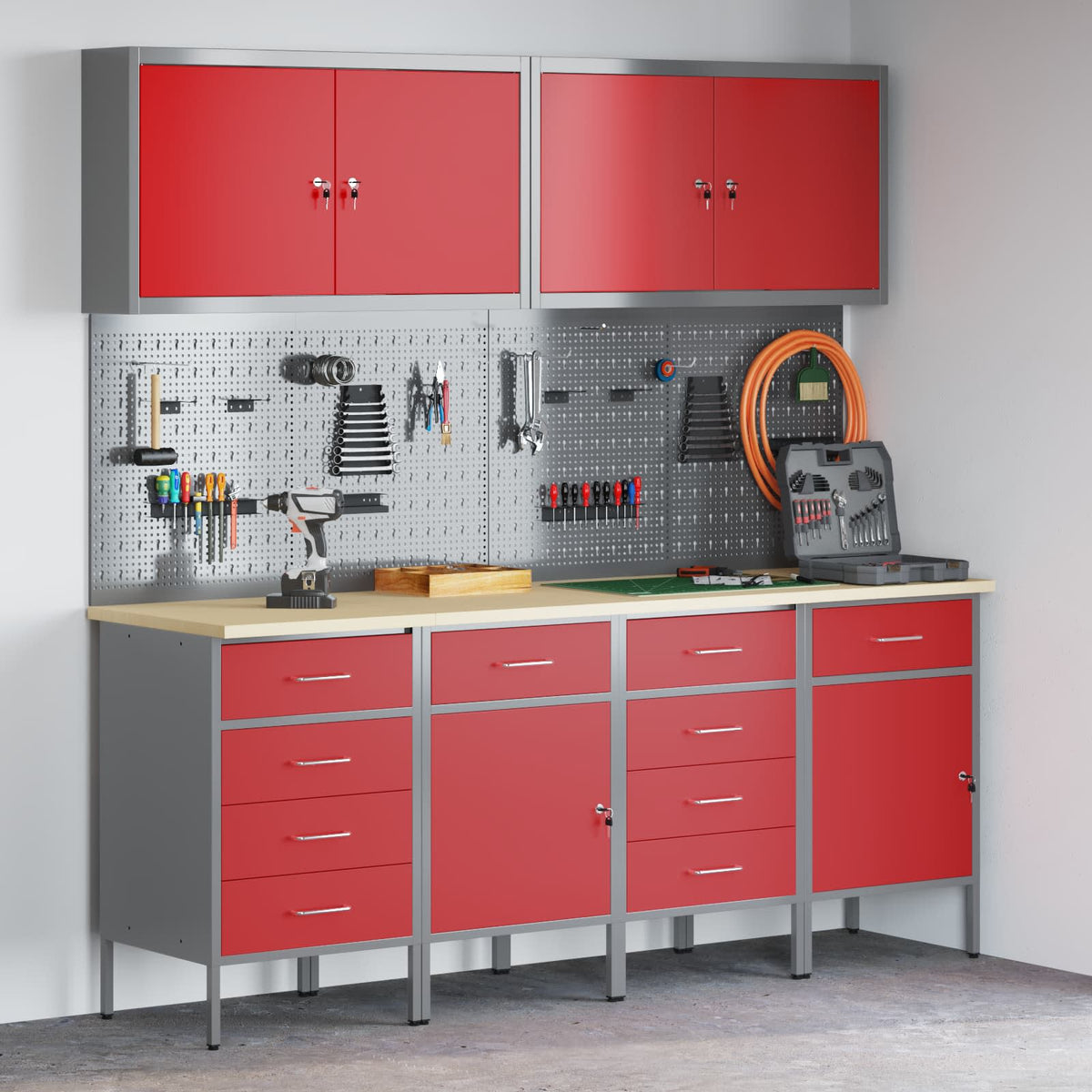vidaXL Work Cabinet with Drawer 10 pcs Red Engineered Wood and Steel 1