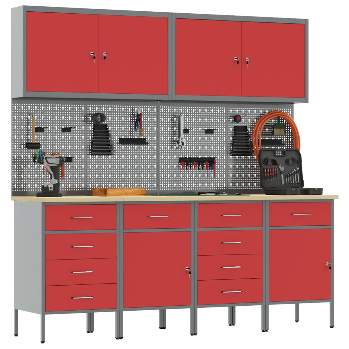 vidaXL Work Cabinet with Drawer 10 pcs Red Engineered Wood and Steel 3