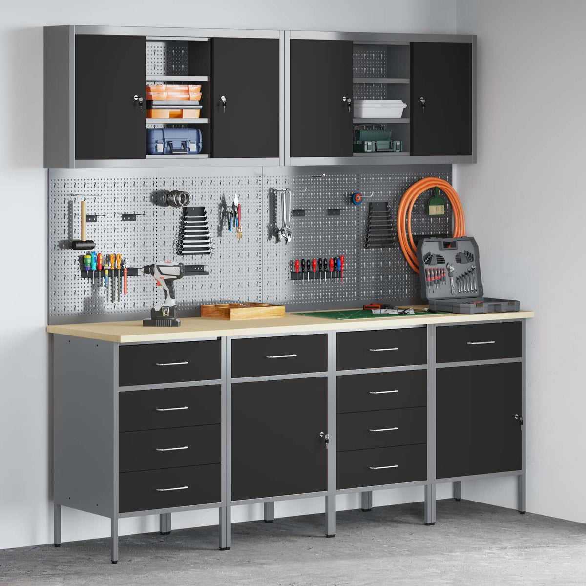 vidaXL Work Cabinet with Drawer 10 pcs Black Engineered Wood and Steel 1