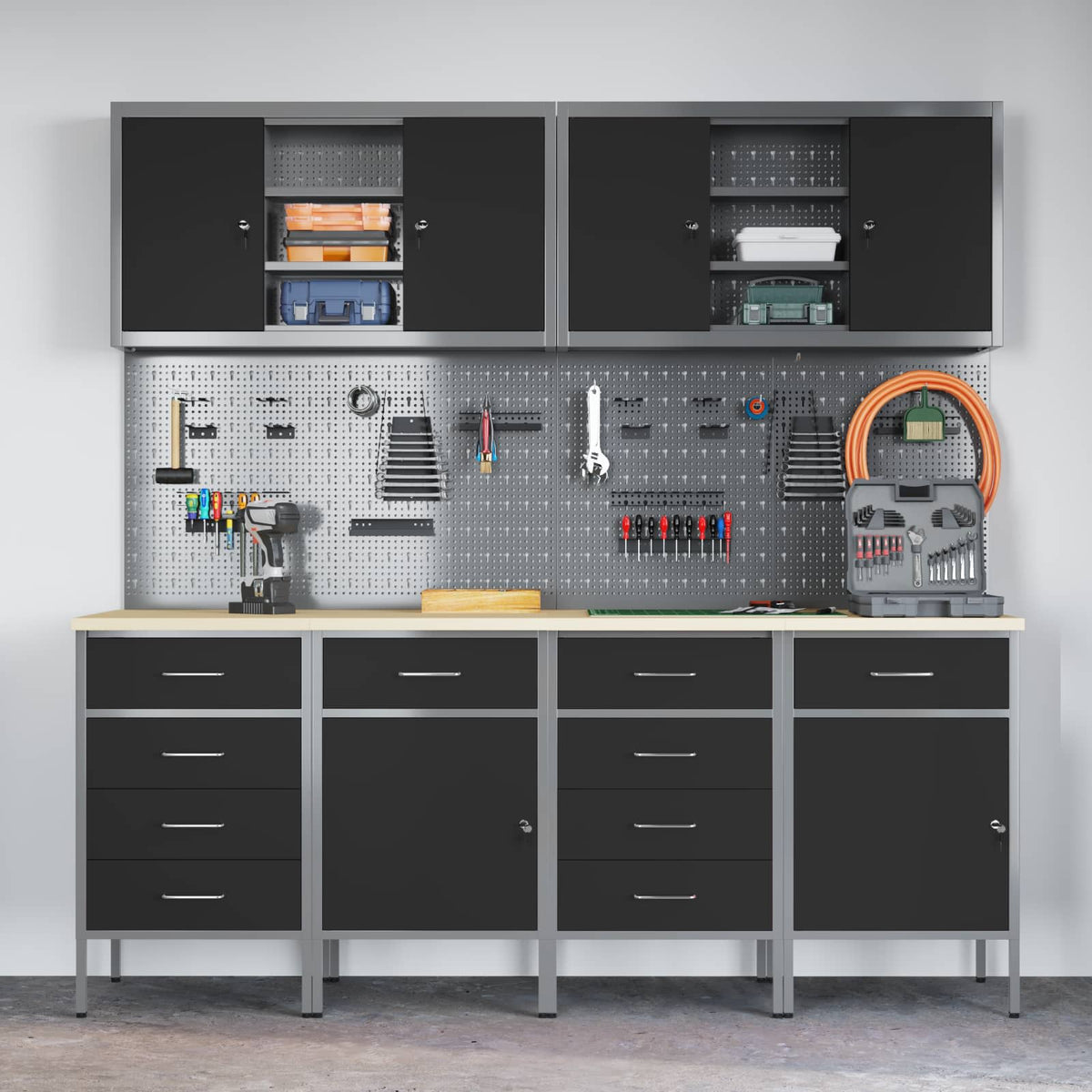 vidaXL Work Cabinet with Drawer 10 pcs Black Engineered Wood and Steel 4