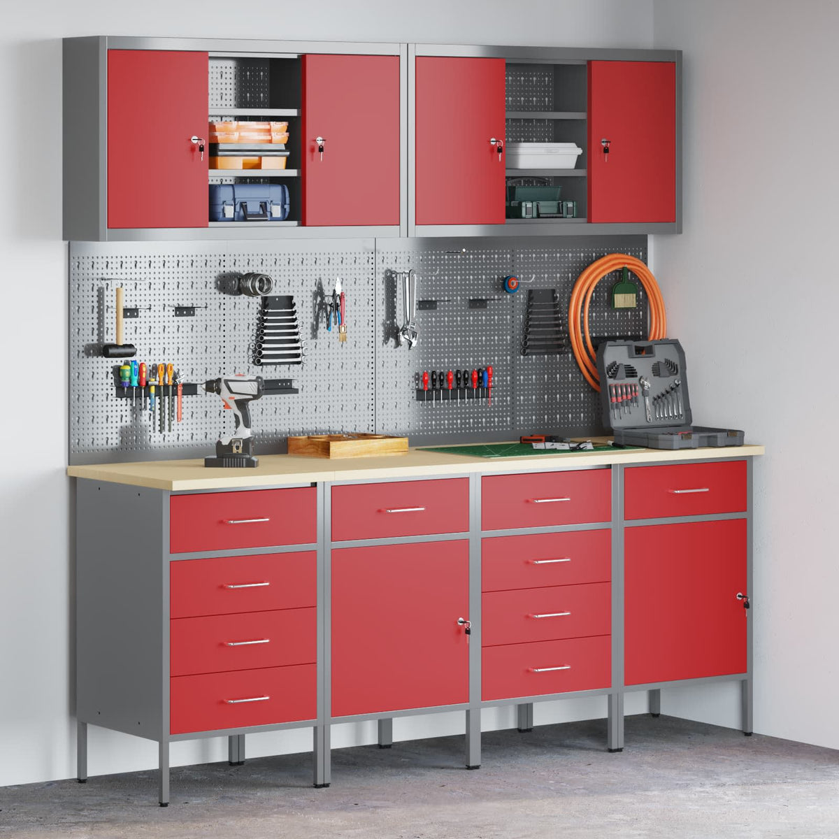 vidaXL Work Cabinet with Drawer 10 pcs Red Engineered Wood and Steel 1
