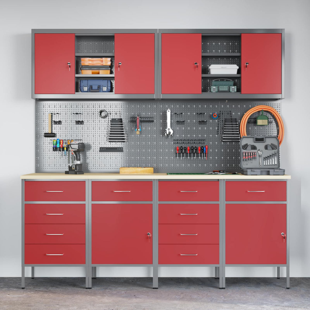 vidaXL Work Cabinet with Drawer 10 pcs Red Engineered Wood and Steel 4