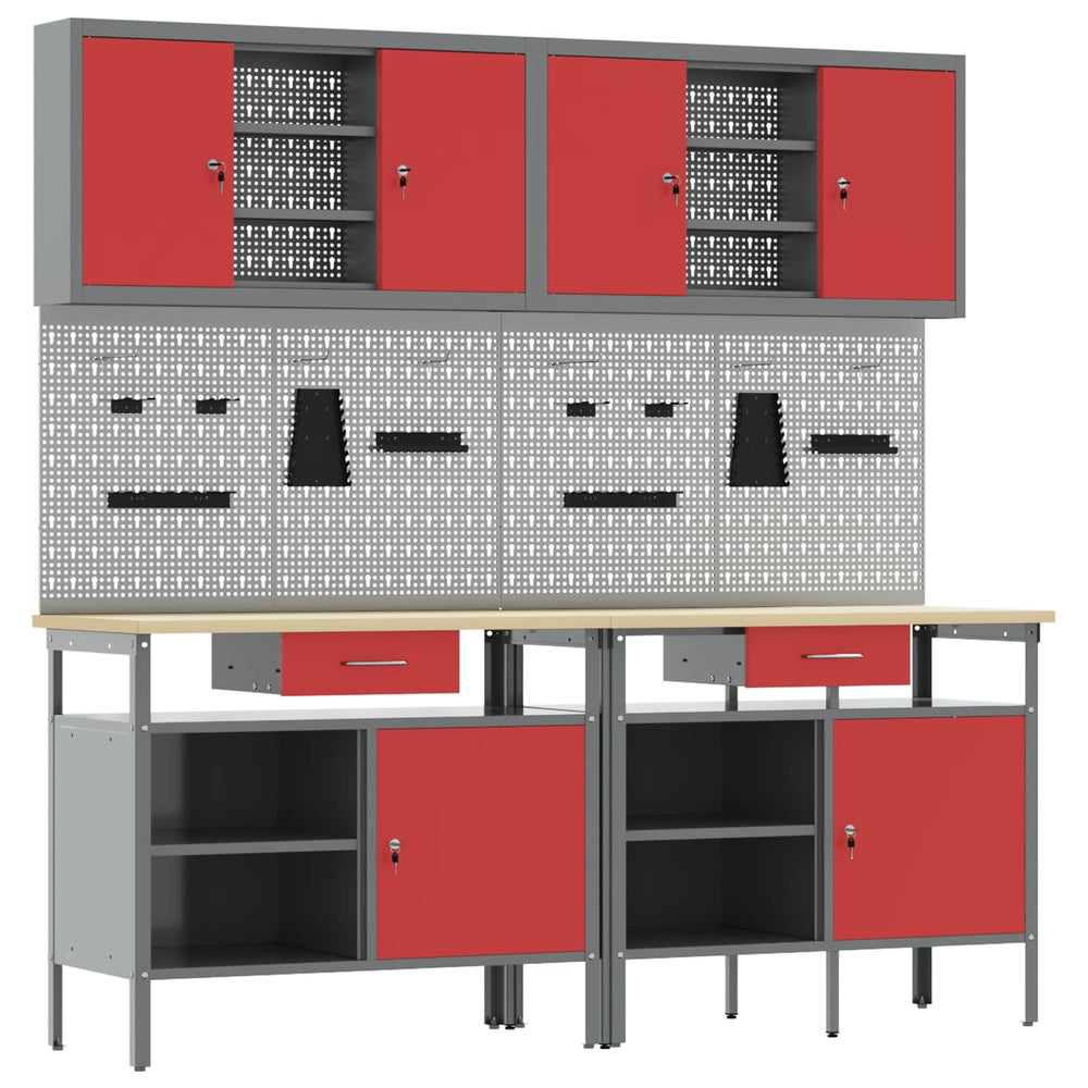 vidaXL Work Bench Set 8 pcs Red and Grey Powder-Coated Steel