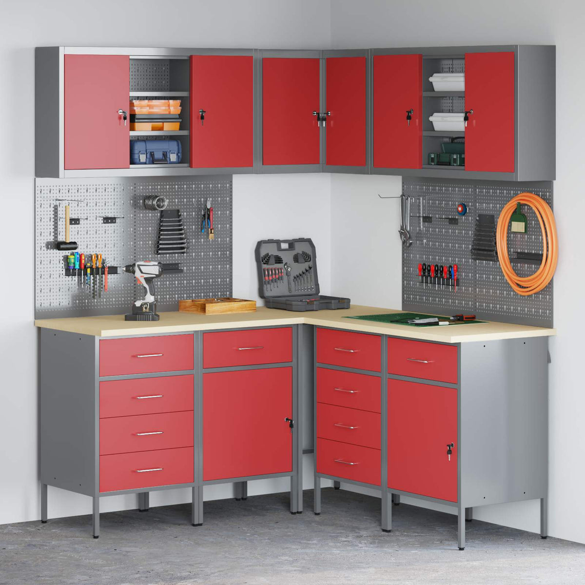 vidaXL Work Cabinet Set with Drawer with Shelf 12 pcs Red and Grey 1