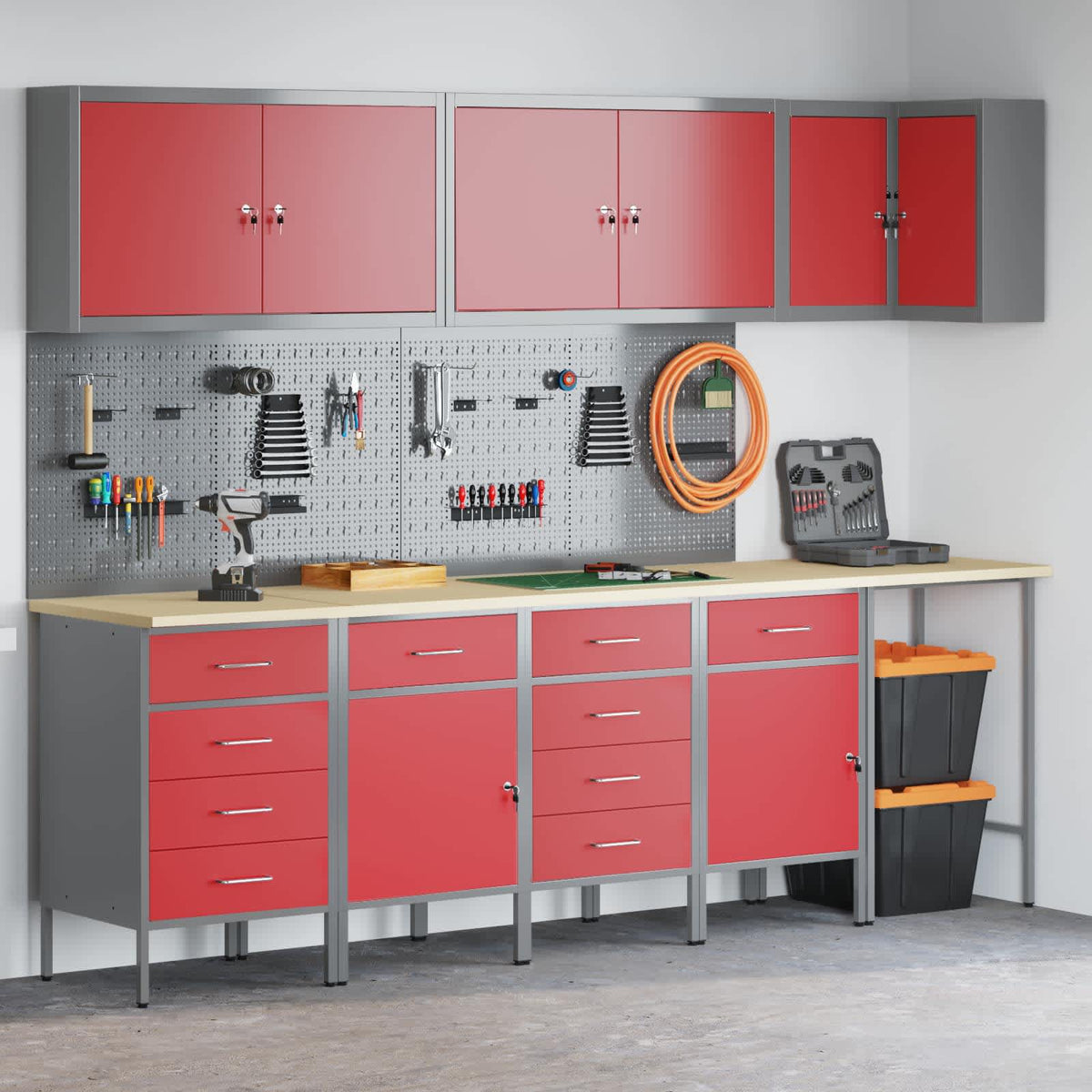 vidaXL Work Cabinet Set with Drawer with Shelf 12 pcs Red and Grey 4