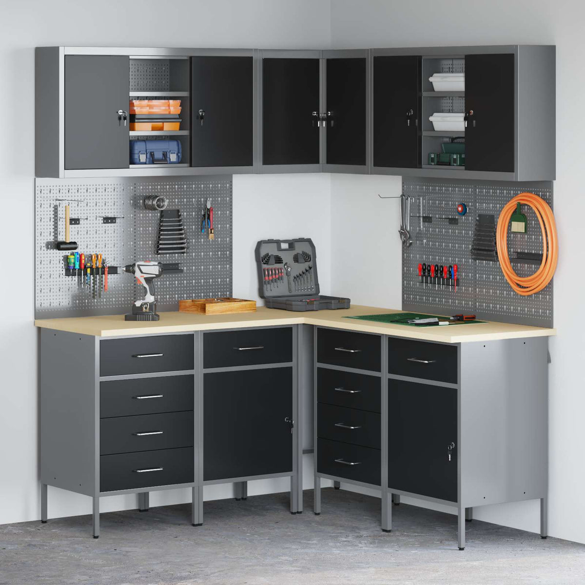 vidaXL Work Cabinet Set with Drawer with Shelf 12 pcs Black and Grey 1
