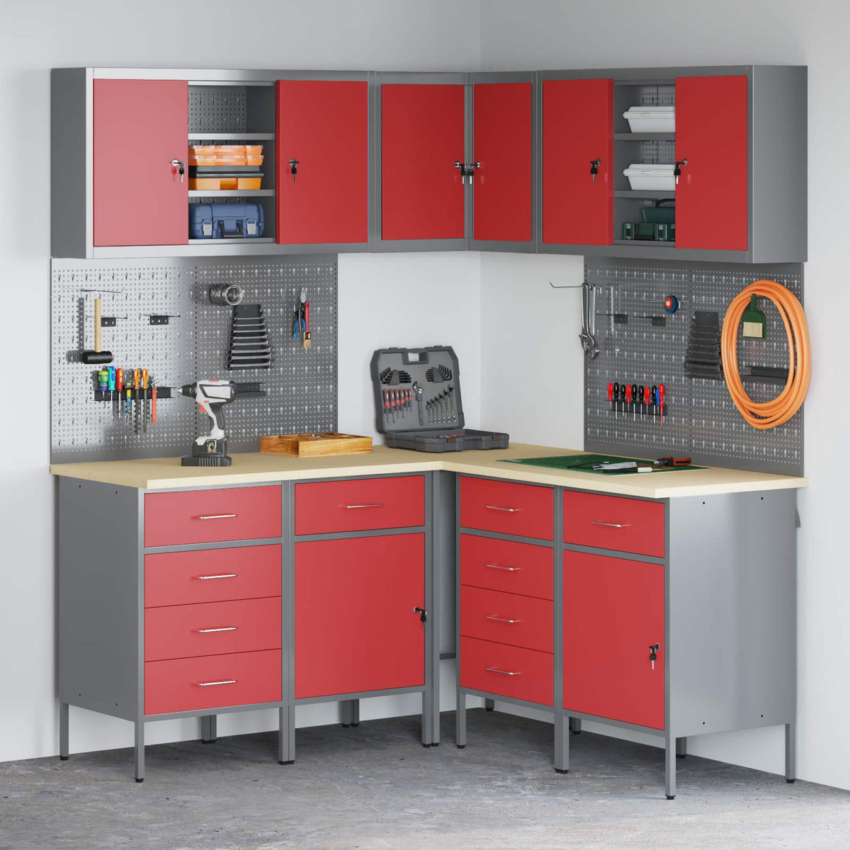 vidaXL Work Cabinet Set with Drawer with Shelf 12 pcs Red and Grey 1