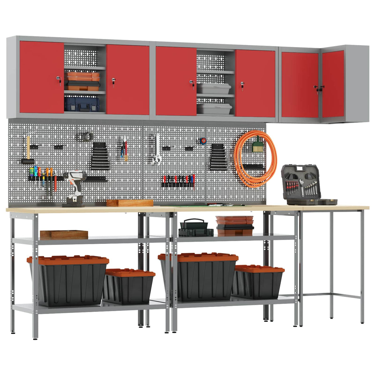vidaXL Work Cabinet Set with Shelf with Storage 10 pcs Red and Grey 2