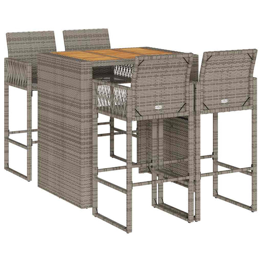 vidaXL 5 Piece Garden Bar Set without Cushions Grey Poly Rattan Acacia 2