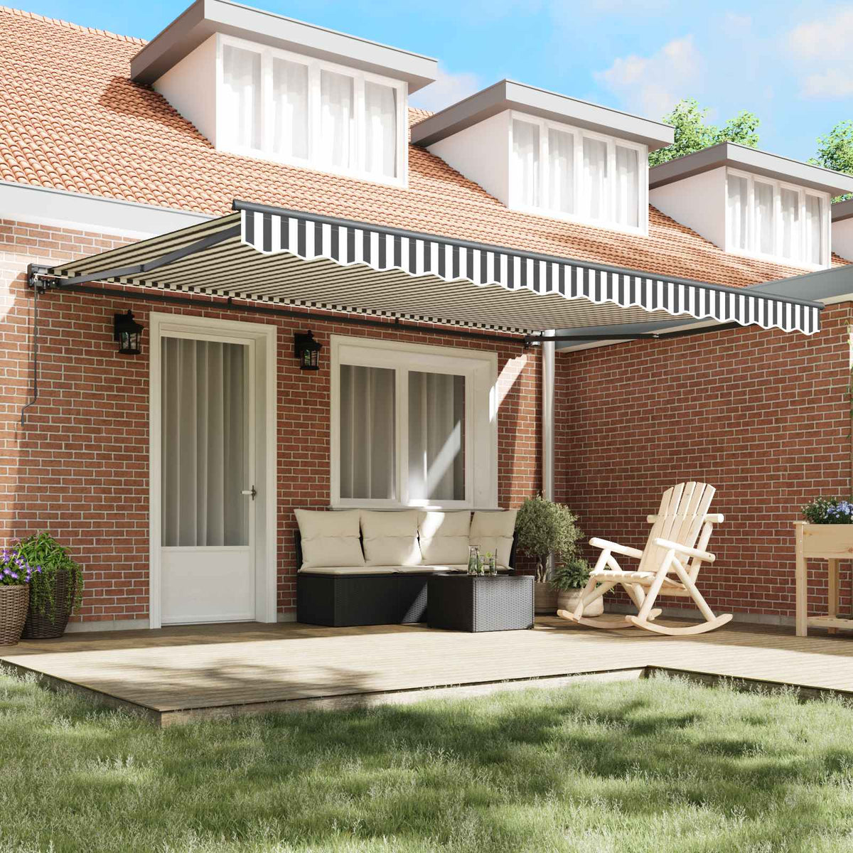Manual Awning 4.5 x 3 m Brown 100% Polyester Drop 3 m Width 4.5 m Anthracite (anthracite frame)–Orange/black/yellow (white frame) Anthracite and white (anthracite frame)