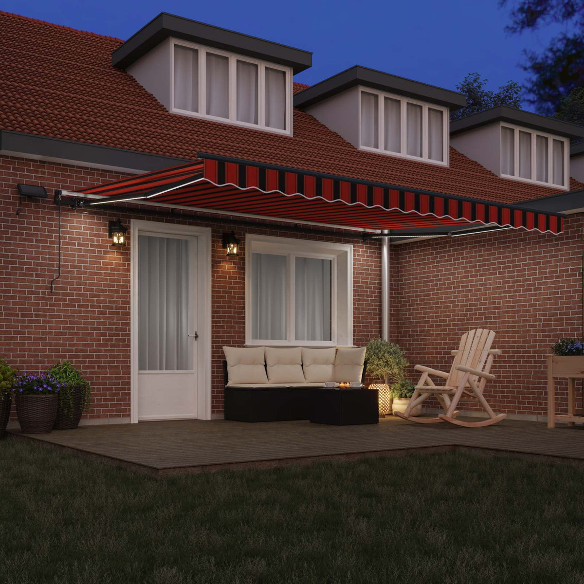 Manual Awning with Solar LED 4.5 x 3.5 m with anthracite frame Drop 350 cm Width 450 cm Orange/black/yellow