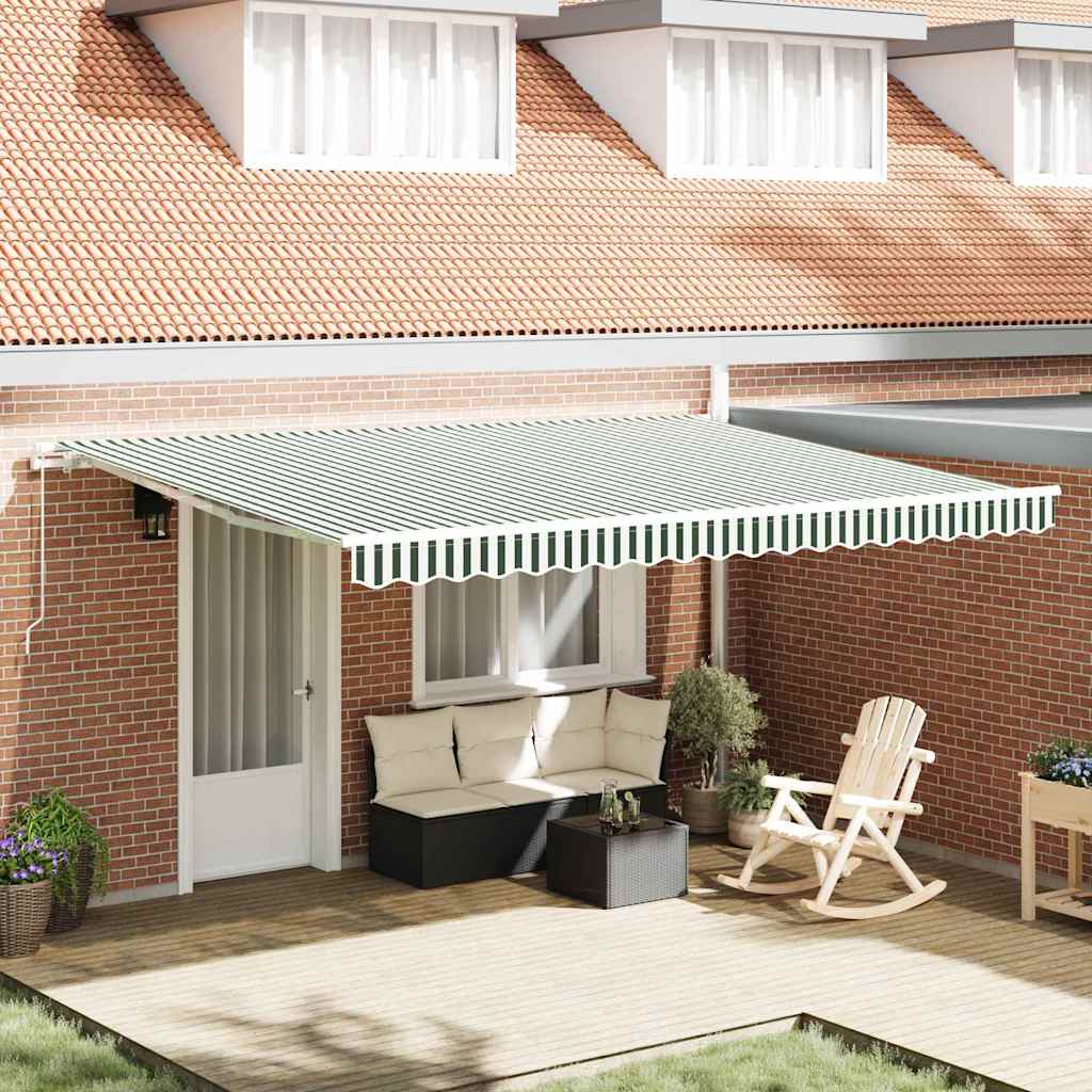 Manual Awning 4.5 x 3.5 m 100% Polyester with white frame Drop 350 cm Width 450 cm Green and white