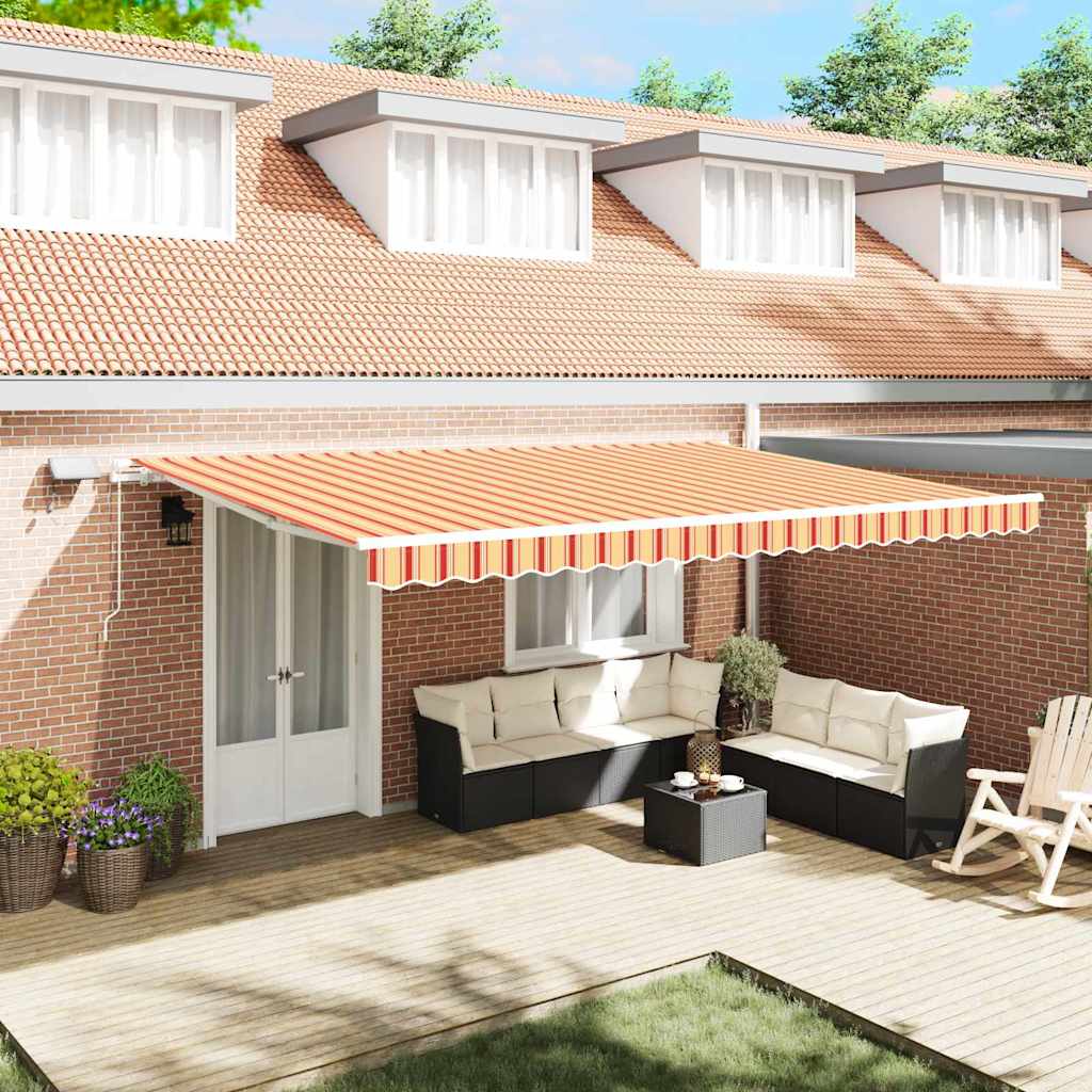 Manual Awning with Solar LED 5 x 3 m with white frame Drop 300 cm Width 500 cm Yellow/orange/white