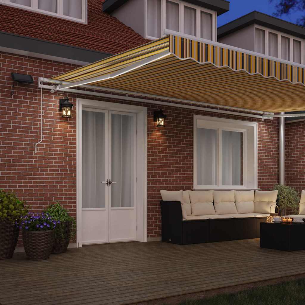 Manual Awning with Solar LED 5 x 3 m with white frame Drop 300 cm Width 500 cm Yellow/grey/white