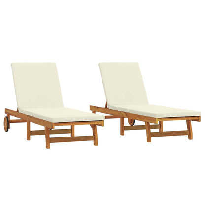 Sun Lounger 2 pcs Solid Acacia Wood Brown Cream white 2x sun lounger
