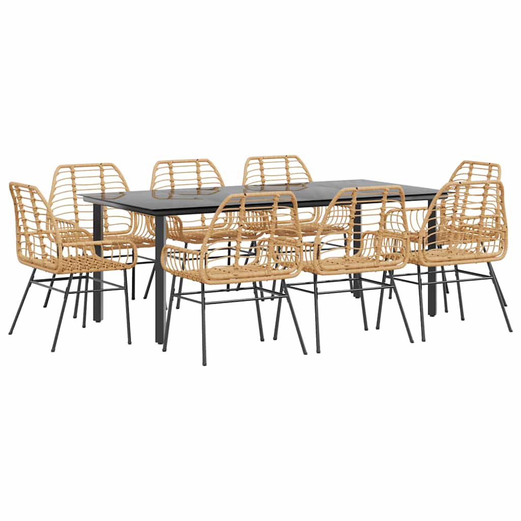 vidaXL 9 Piece Garden Dining Set Brown Poly Rattan Glass 2