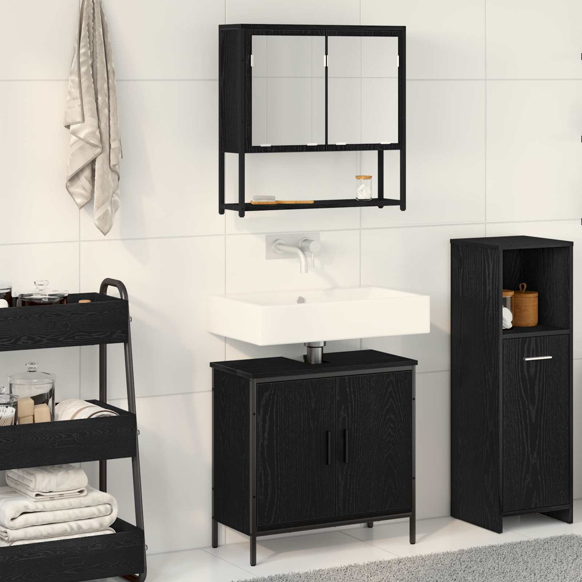 2 Piece Bathroom Furniture Set Engineered Wood Black oak