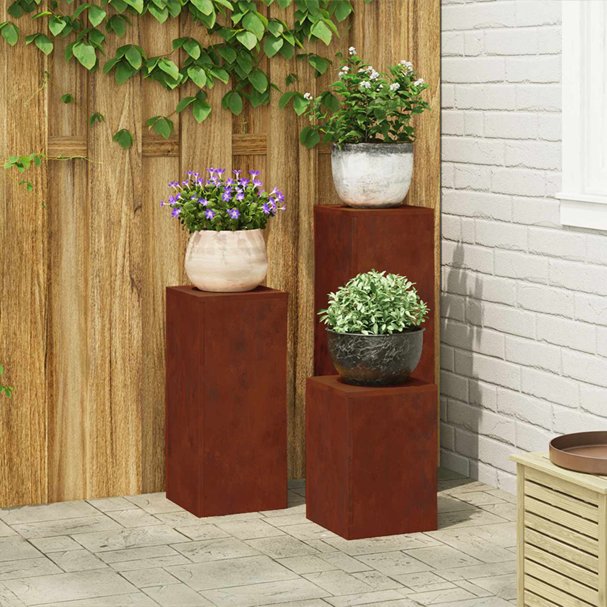 Plant Stand Rusty 30 x 30 x 40 cm Weathering Steel 3x (24 x 24 x 35/55/75 cm)